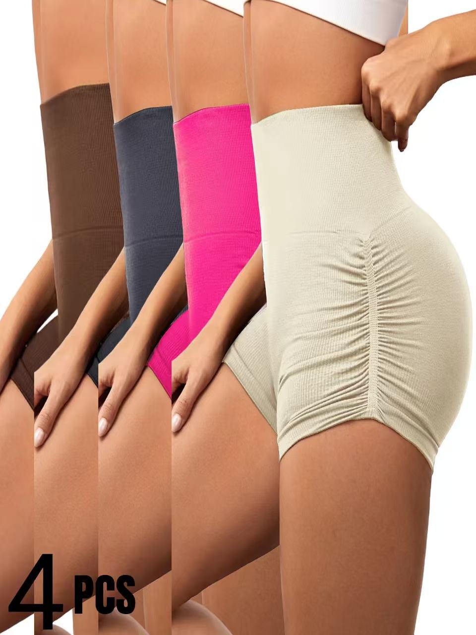 4 PCS Sexy Solid Color Women Fitness Sport Short High Waist Athletic Yoga Short Leg Cycling Comprehensive Training Jogging Squat Proof Summer Solid Color Women's Seamless Yoga Shorts