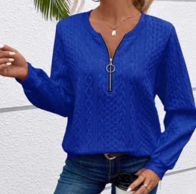 Women's Sports Pullover Zipper Sweater Loose V-neck Long Sleeve
