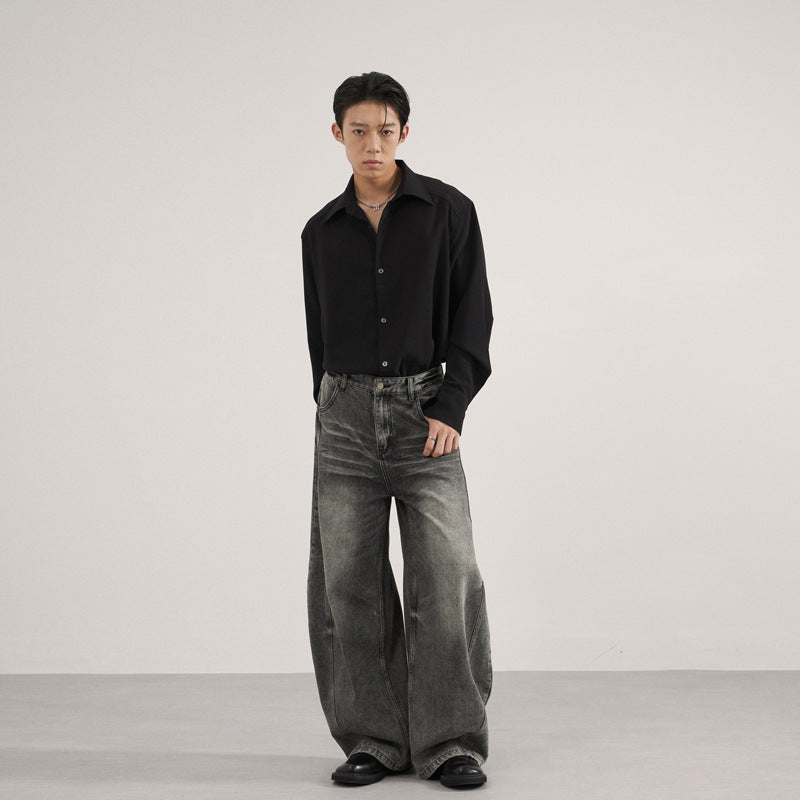 Loose Straight Washed Cat Beard Machete Jeans Men