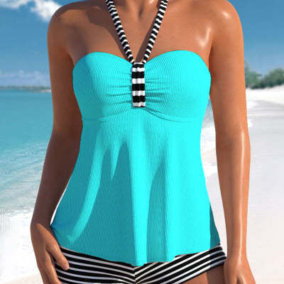 Solid Color Black And White Striped Off-shoulder Swimsuit Suit