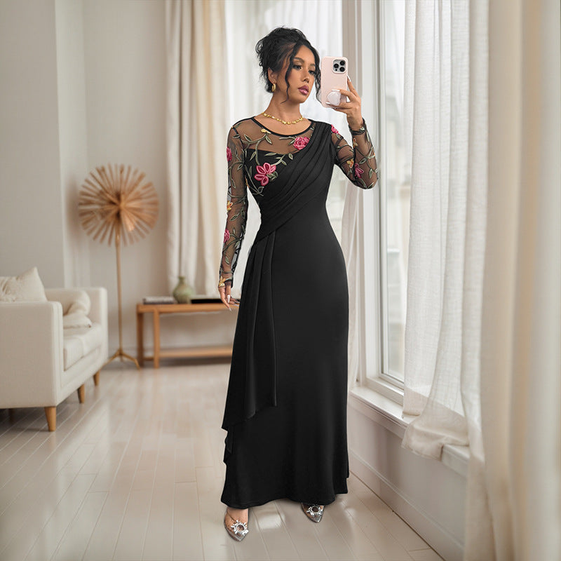 Retro Temperament Crew Neck Mesh Embroidery Stitching Long Sleeve Dress Women