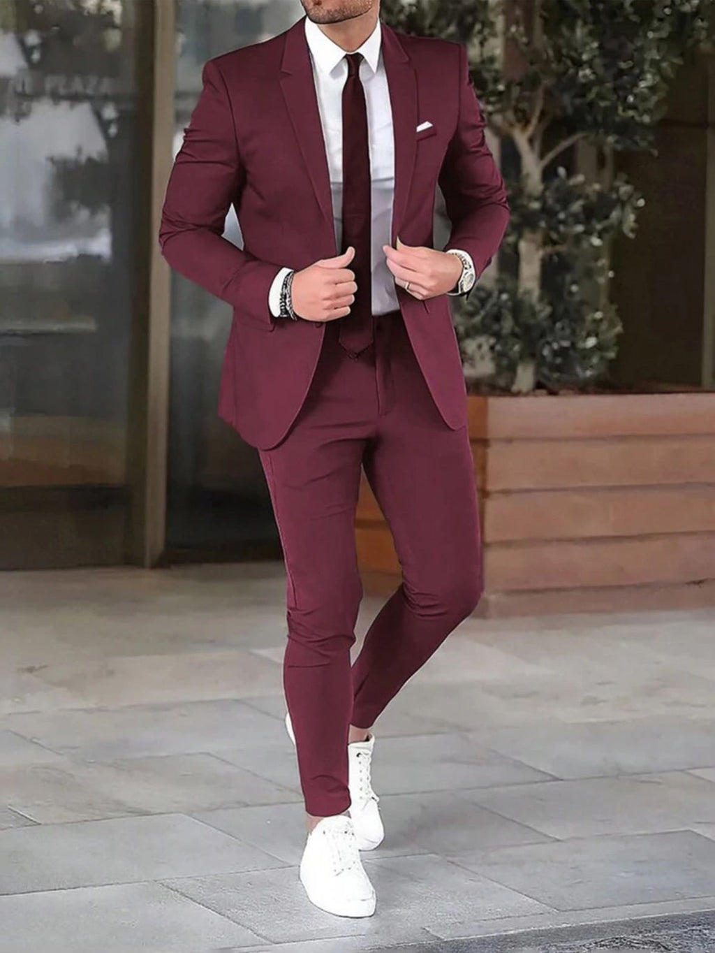 Two-piece Solid Color Slim-fit Coat Suit Pants