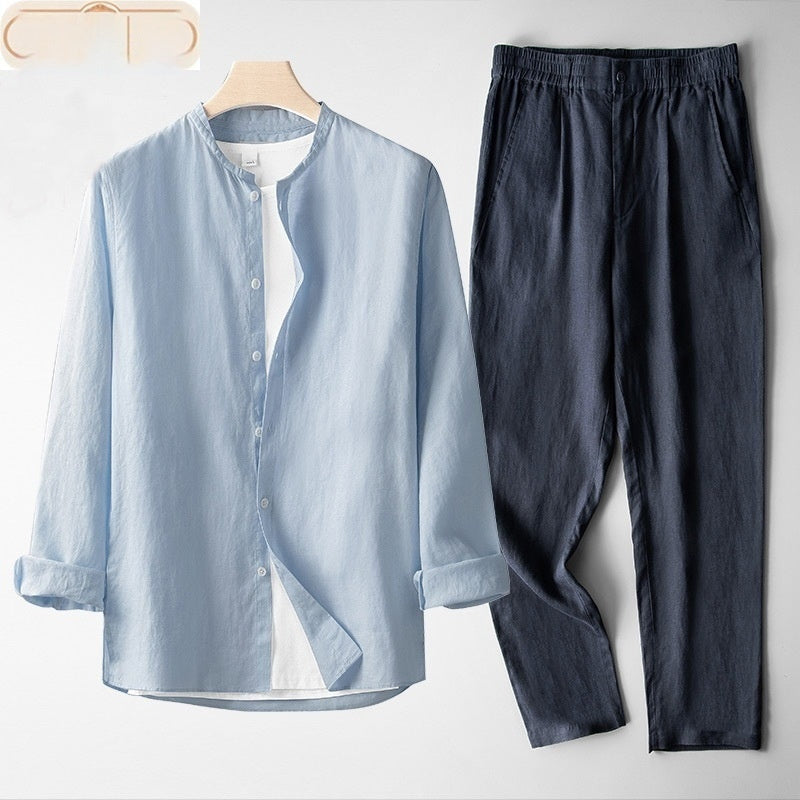 Men's Retro Thin Long Sleeve Linen Tang Suit Outfit