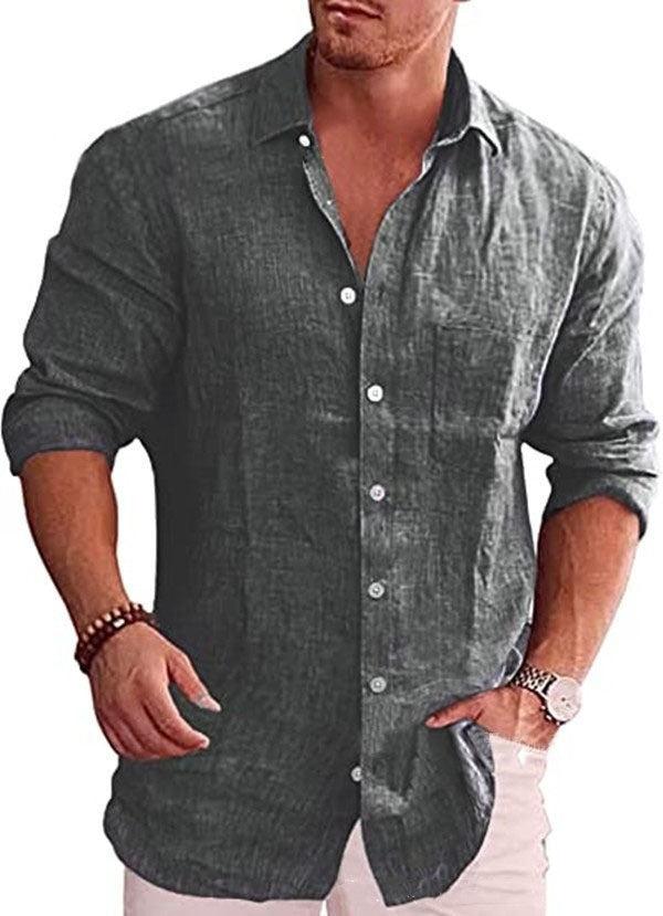 Men's Loose Plus Size Solid Color Shirt Linen Lapel Long Sleeve Casual Shirt