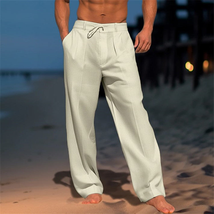 Casual Wide-Leg Straight Pants With Pockets Fashion Drawstring Trousers For Men Clothing