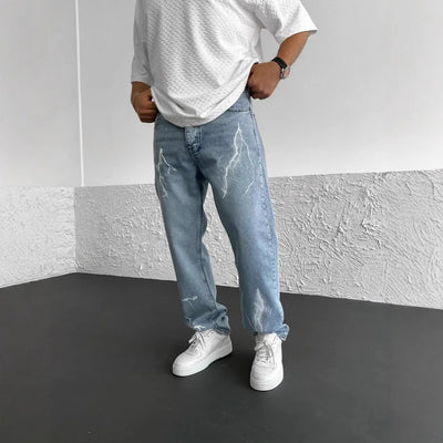 Men's Straight-leg Pants Printed Solid Color Loose Wide Leg Denim