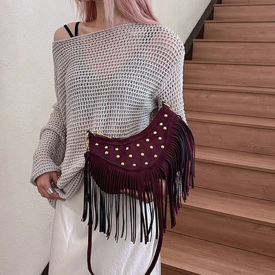Retro Casual Tassel Large Capacity Rivet Shoulder Messenger Bag