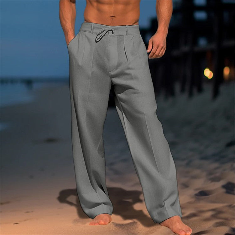 Casual Wide-Leg Straight Pants With Pockets Fashion Drawstring Trousers For Men Clothing