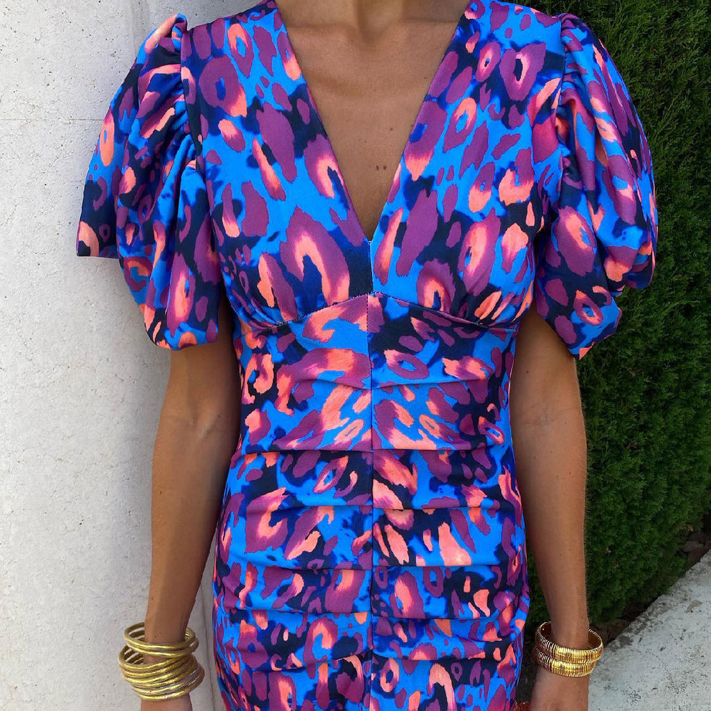 Puffed Short Sleeve Dress Summer Floral Printed V-neck Skinny Dresses