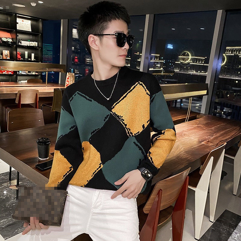Contrast-color Fashionable Knitwear Crew-neck Sweater For Men