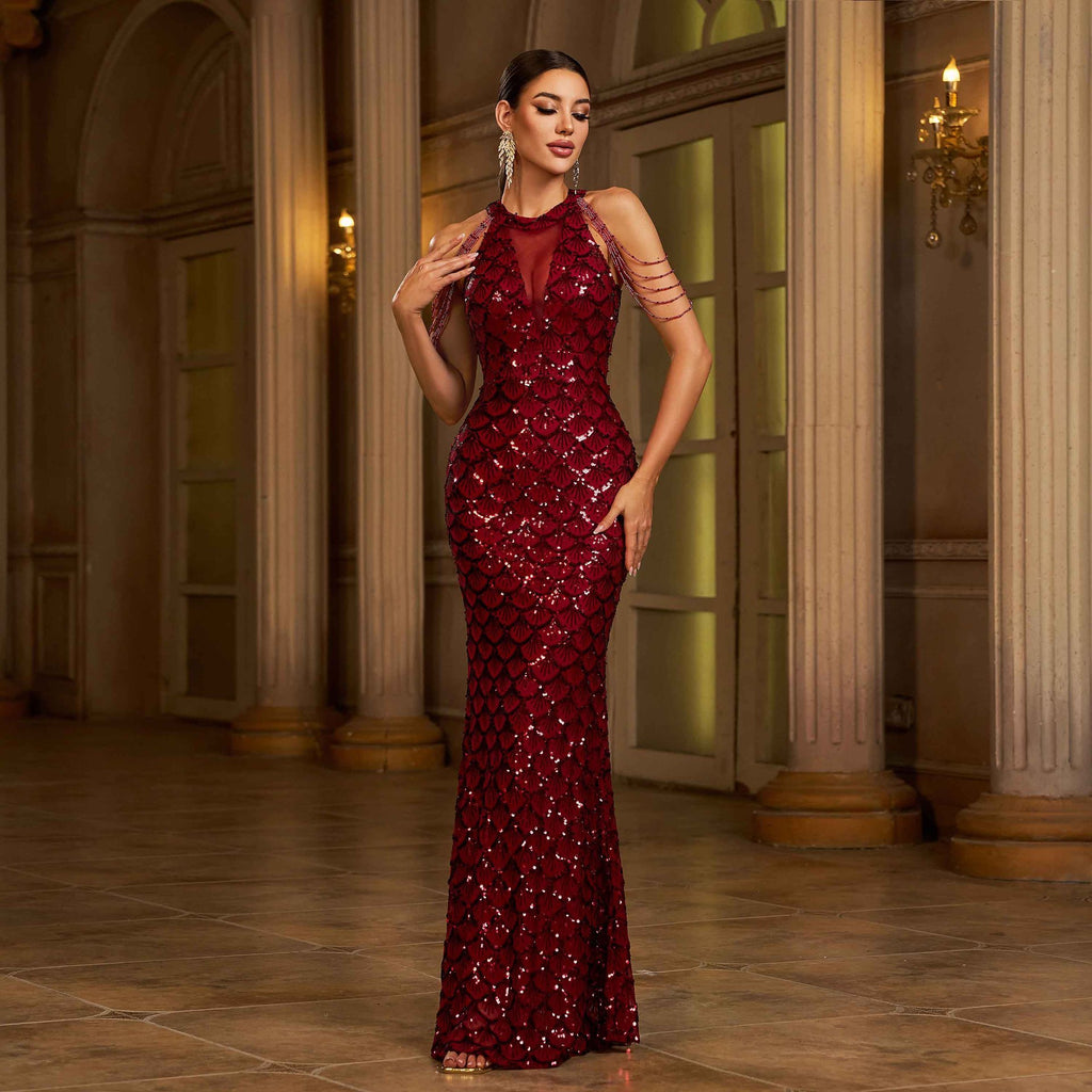 Elegant Sleeveless Round Neck Sequins Slim Sheath Banquet Fishtail Dress