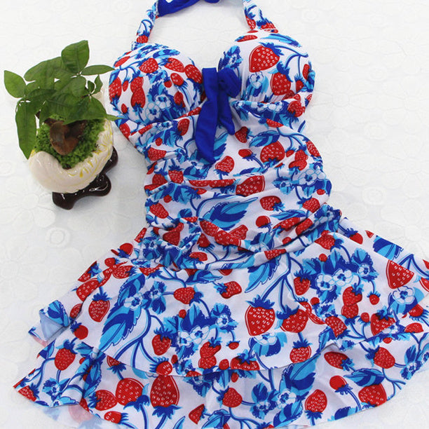 Women's One-piece Swimwear Cross Strap Backless Steel Bracket Push Up Cute Strawberry Swimsuit