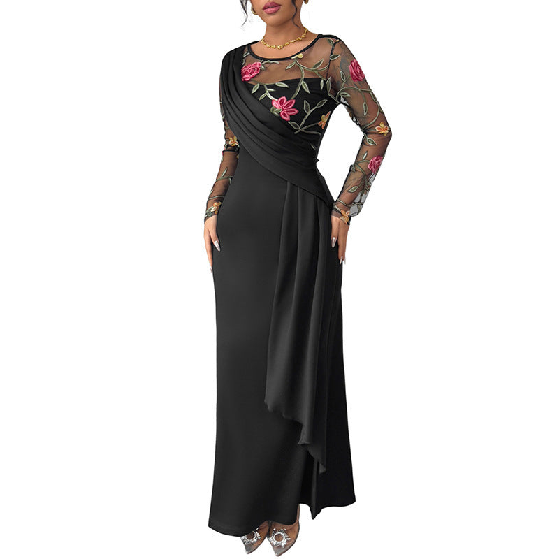 Retro Temperament Crew Neck Mesh Embroidery Stitching Long Sleeve Dress Women