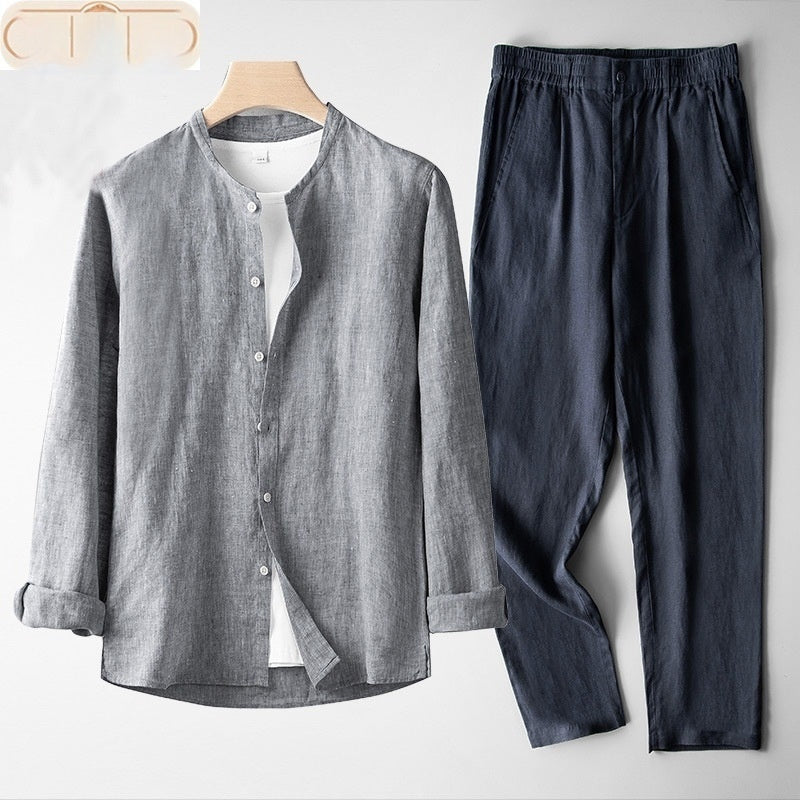 Men's Retro Thin Long Sleeve Linen Tang Suit Outfit