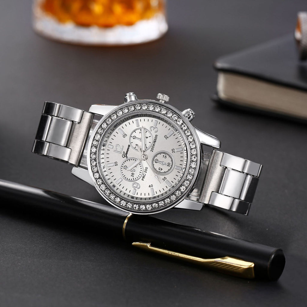 Geneva Steel Belt Gold Quartz Watch