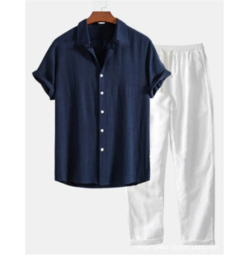 Printed Loose Short Sleeve Shirt Trousers Suit Men's Casual Suit