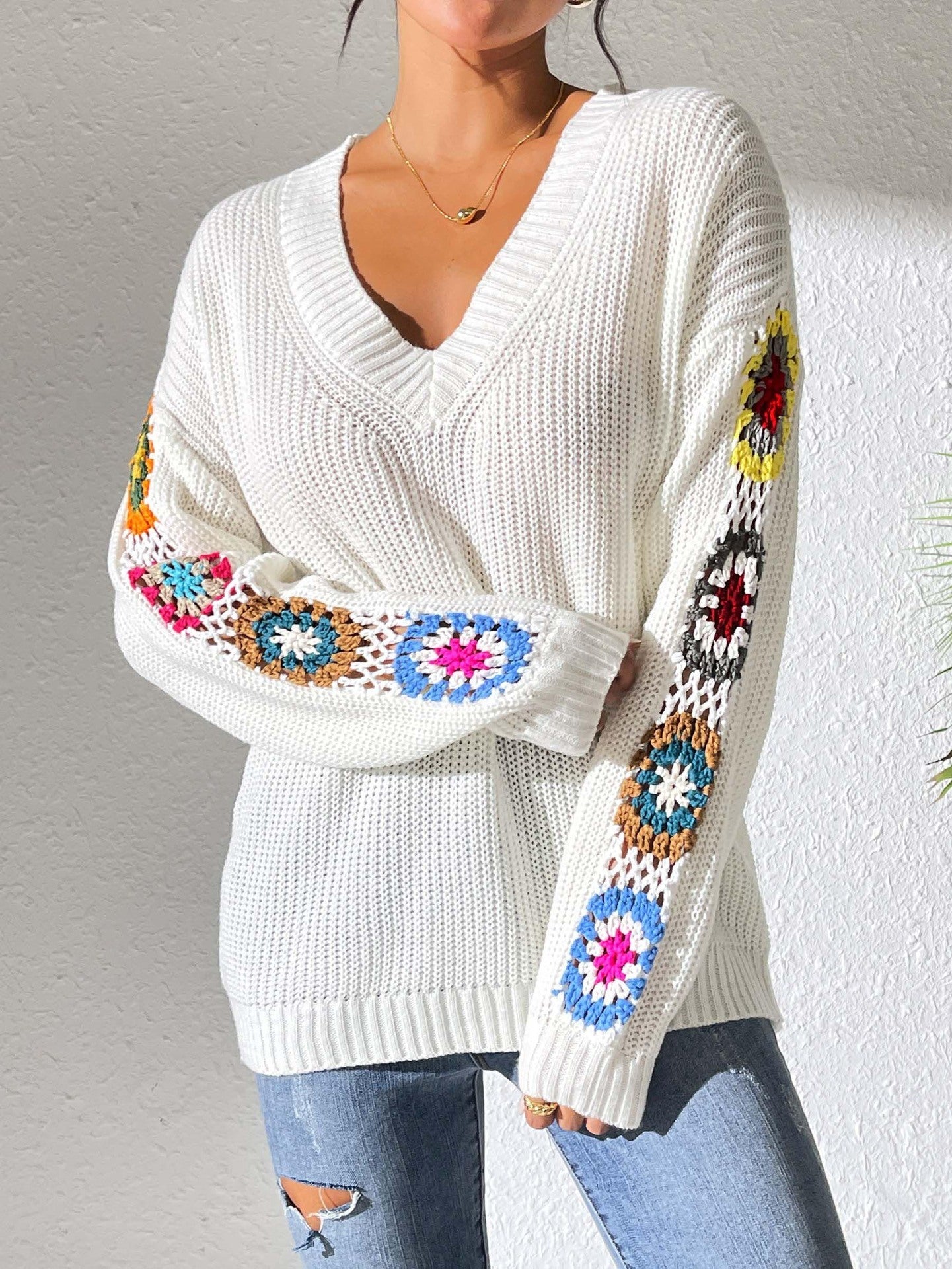 Autumn And Winter Crochet Stitching V-neck Pullover Sweater
