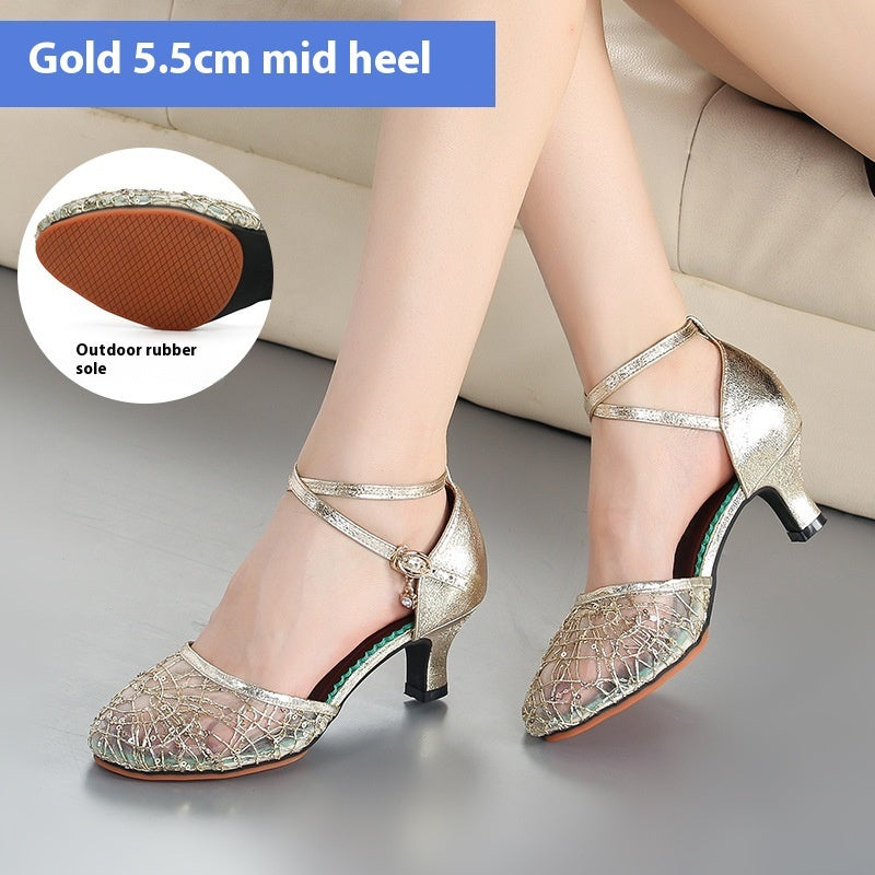 Latin Dance Shoes Female Adult Mid Heel Summer