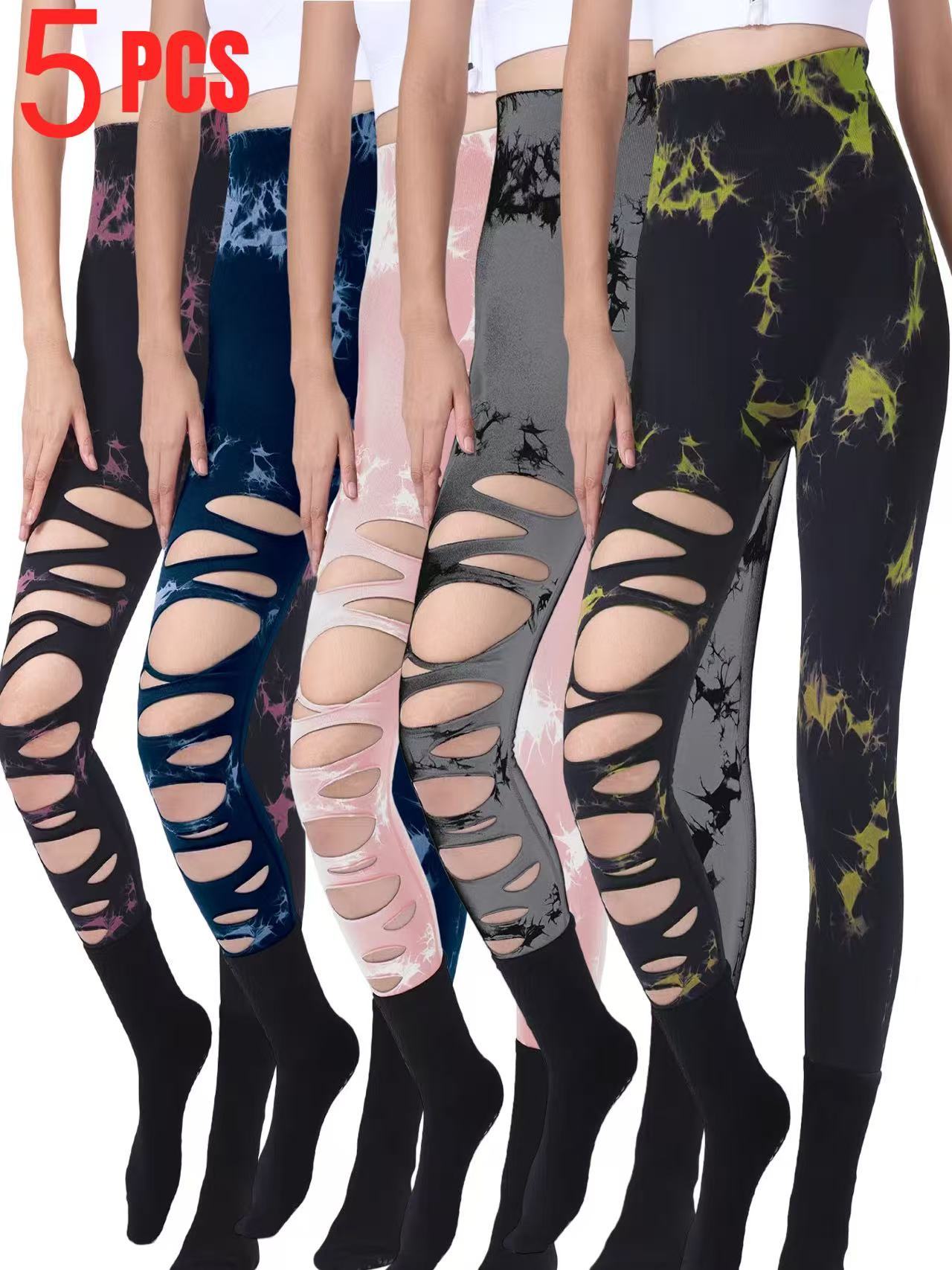5 Pack Wholesale Fashion Women Sports Yoga High Waist Tie Dye Print Ripped Hollow Leggings Pants
