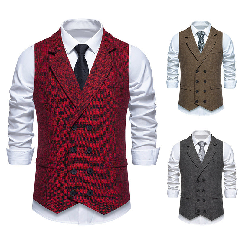 Men's Herringbone Tweed Suit Vest Retro Lapels Double Breasted Vest