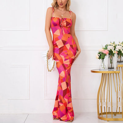Floral Ruffle Back Tie Halter Maxi Bodycon Mermaid Dress With Multiple Patterns