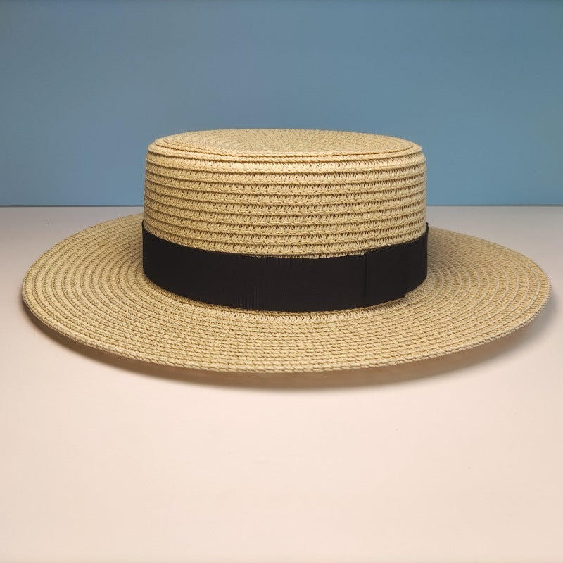 Black Decorative Band Flat Straw Hat High-grade